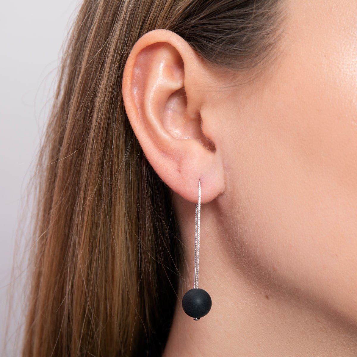 Matte Black Agate | .925 Sterling Silver | Chain Drop Threader Gemstone Earrings